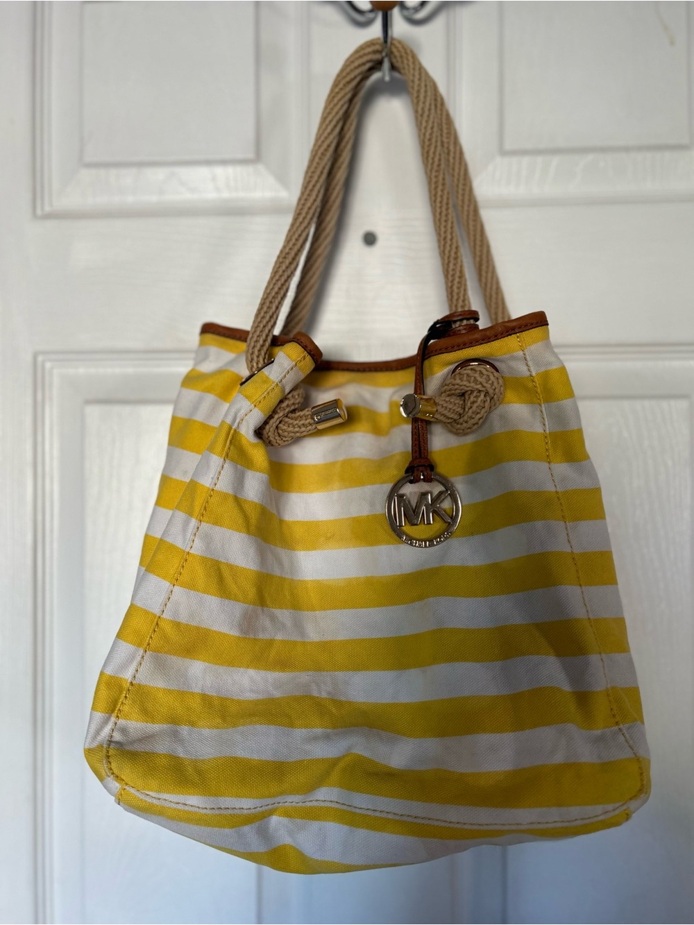 Michael Kors Yellow and White Striped Canvas Tote with Rope Handles